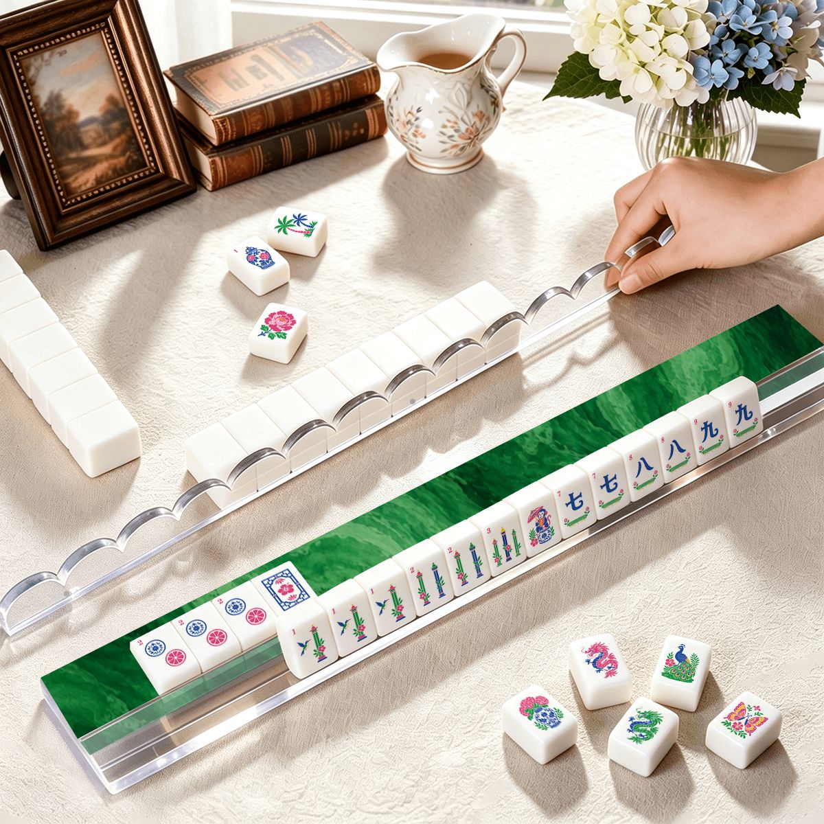 Emerald Green Extended Mahjong Rack Set of 4 Scalloped Magnetic Tile Pusher - Splash Of Mahj And Color Co.