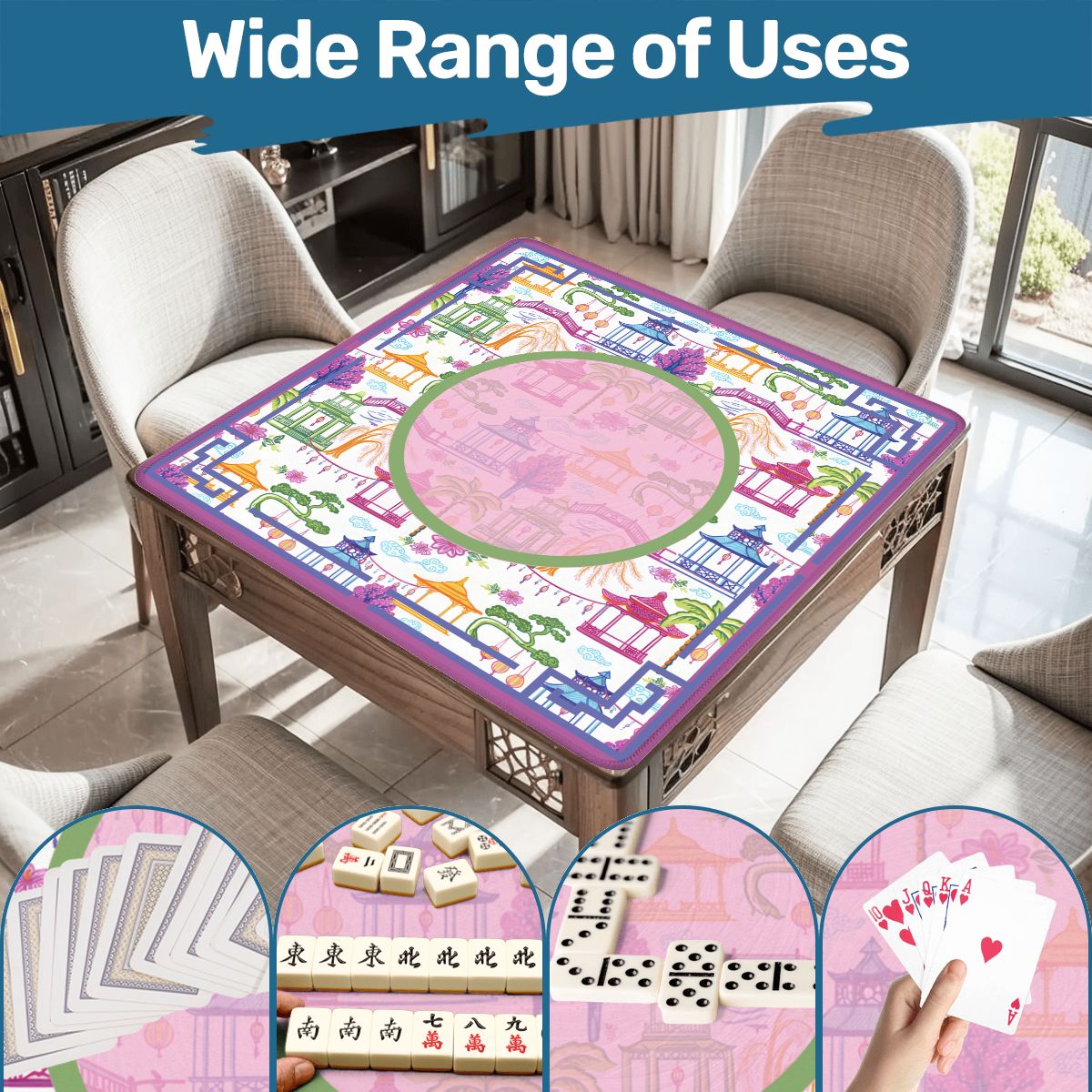 Asian Chinoiserie Gardens, Pagoda, Lantern Lavender And Blue Mahjong Mat - Splash of Color Co.