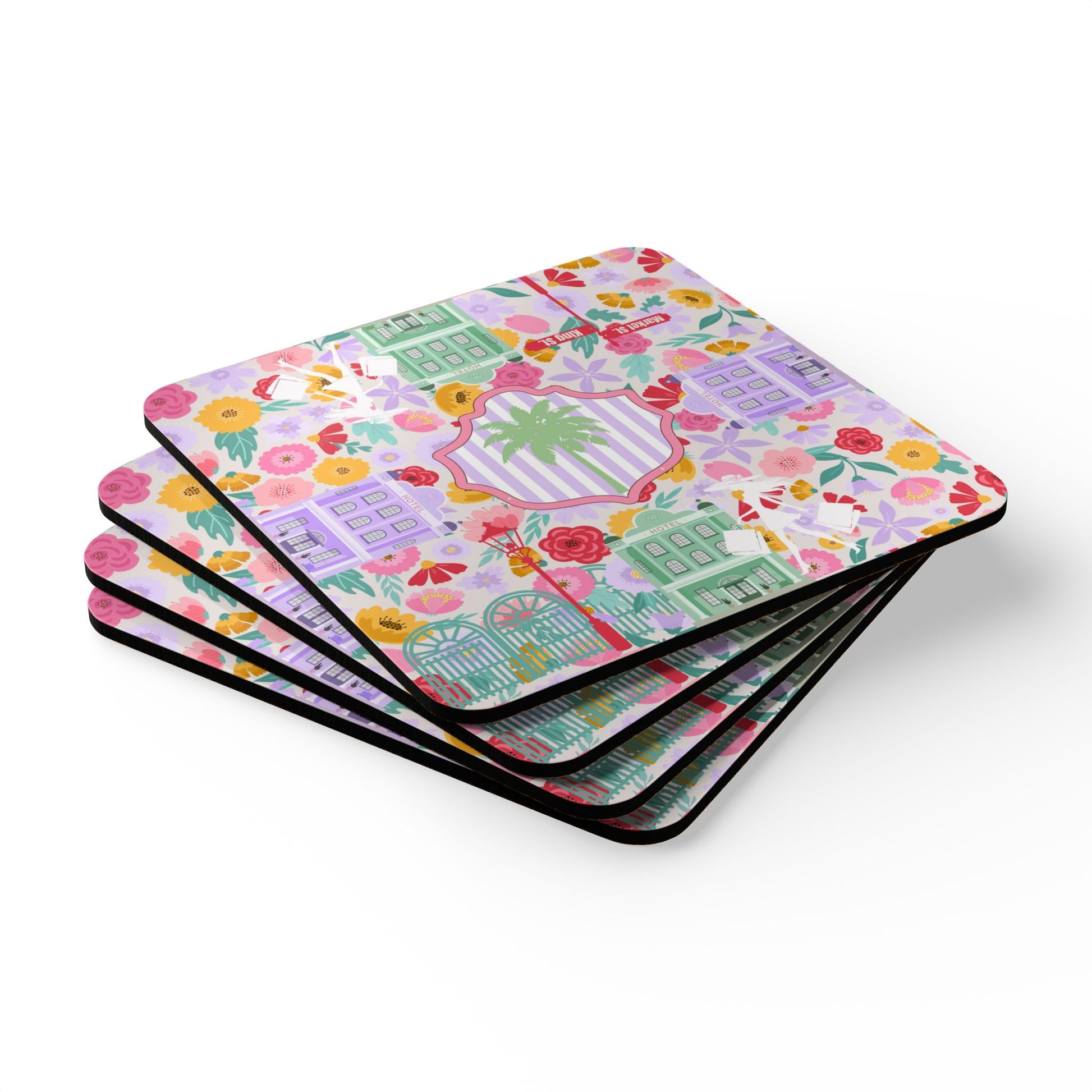 Charleston South Carolina Floral Palm Cork Coaster Set - Splash of Color Co.