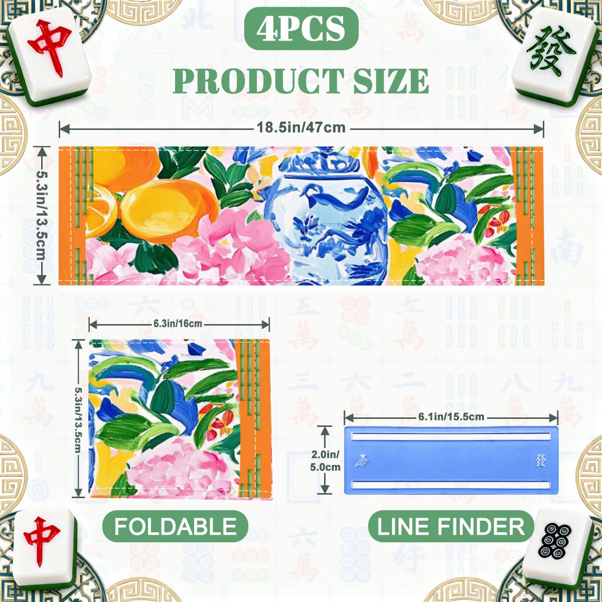 4 Mahjong Card Holder with Line Finder Chinoiserie Floral Blue Orange Design - Splash of Color Co.