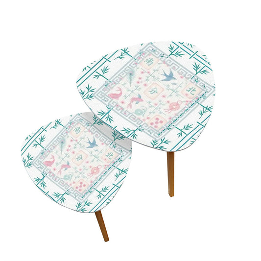 Asian Zen Mahjong Tile Watercolor Pastel Blue Pink Nesting Triangle Coffee Table Set of 2