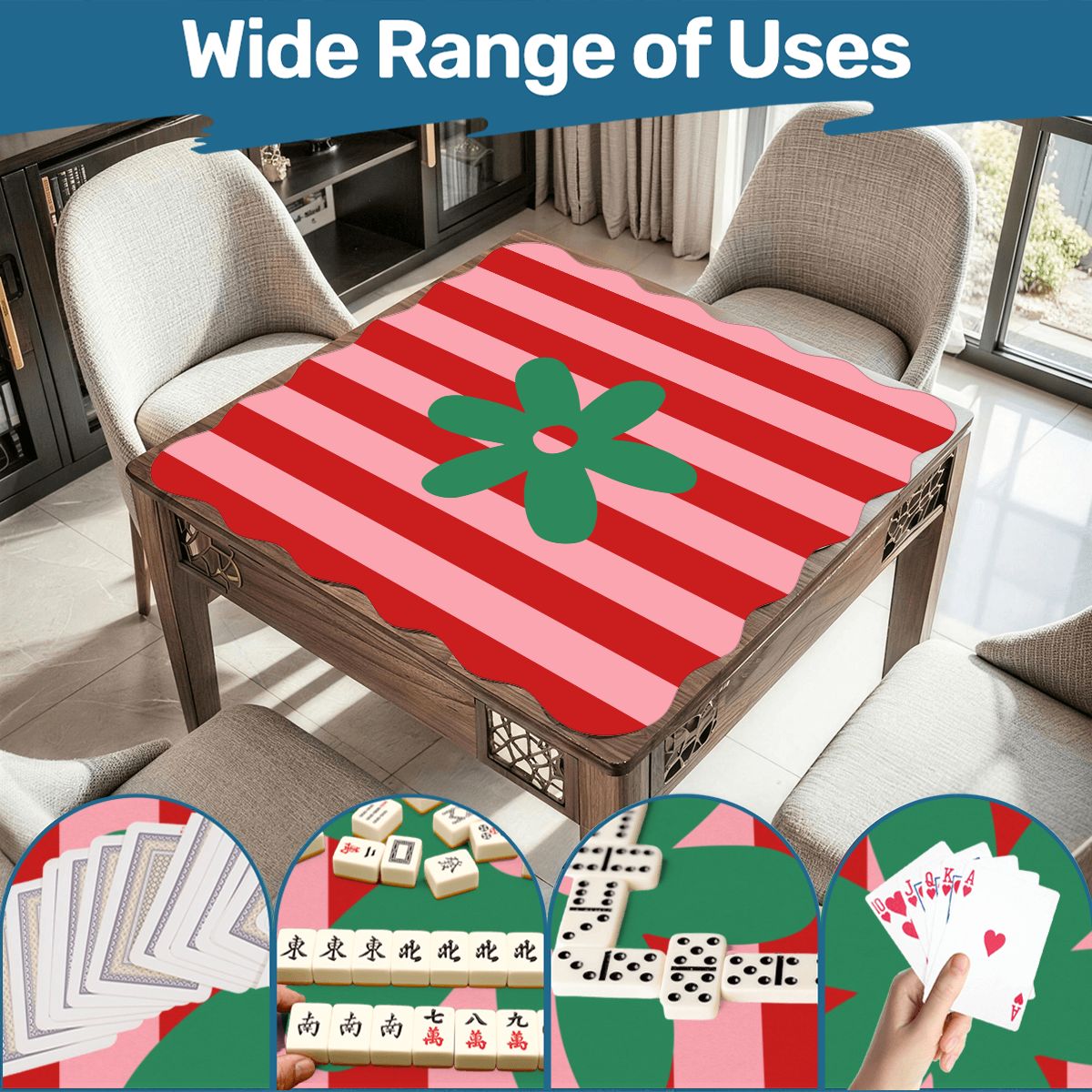 The Daisy Mae Red And Pink Preppy Striped Scalloped Mahjong Mat - Splash Of Mahj And Color Co.