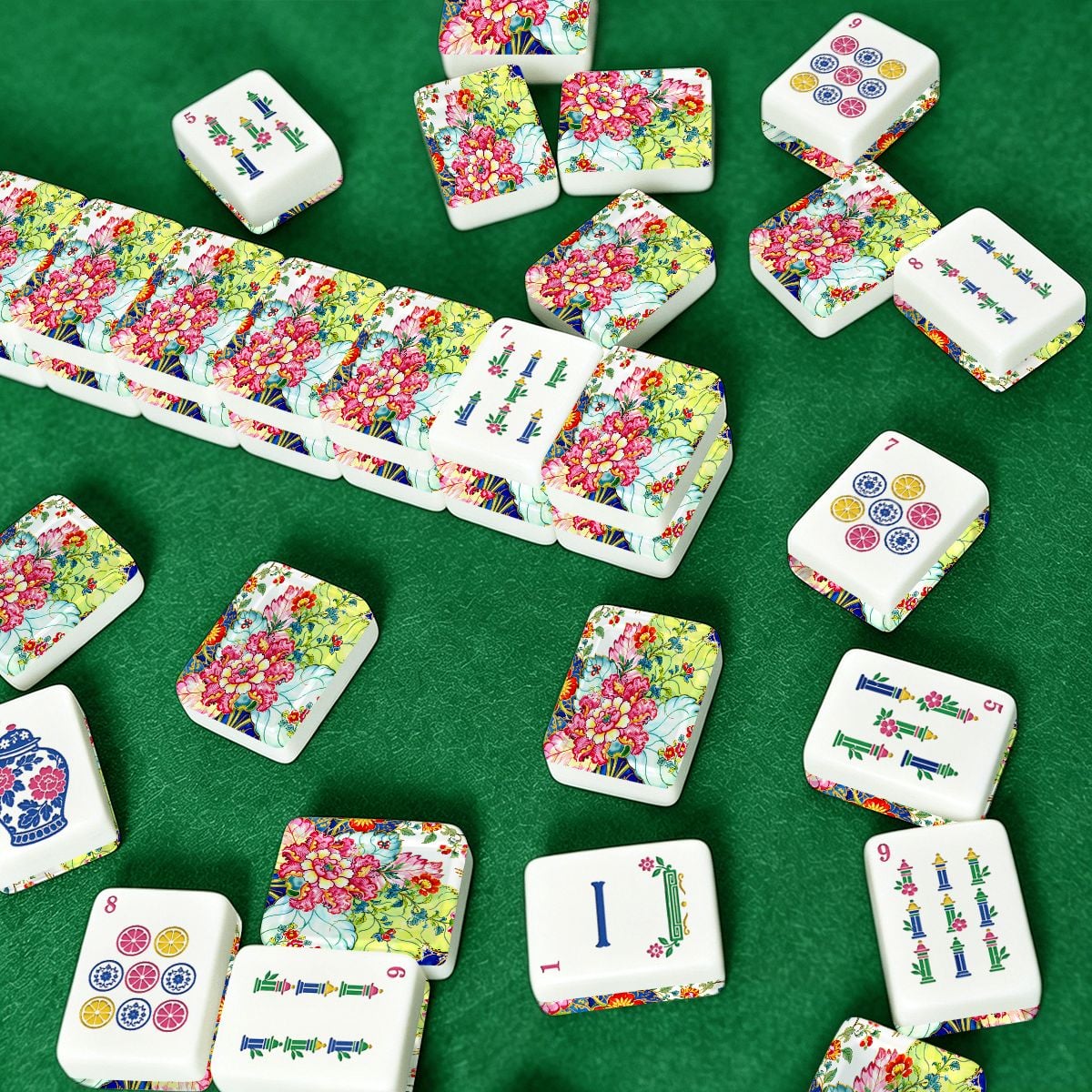 Tobacco Leaf Floral Engraved Chinoiserie American Mahjong Tiles And Carry Case
