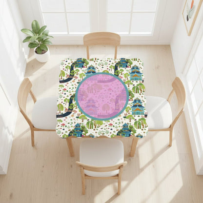 Mahjong Mat Chinoiserie Pagoda Asian Garden Scalloped - Splash of Color Co.