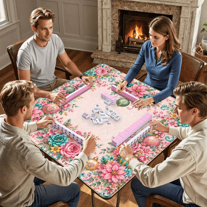 Christmas In Full Bloom Pink, Aquas, Mahjong Holdiay Mat - Splash Of Mahj And Color Co.