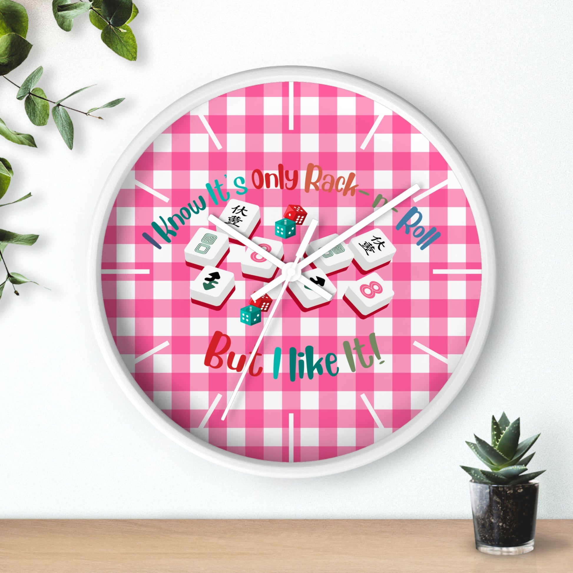 Mahjong Dice Wall Clock — "I Know It’s Only Rack ‘n’ Roll But I Like It" Pink Plaid - Splash of Color Co.