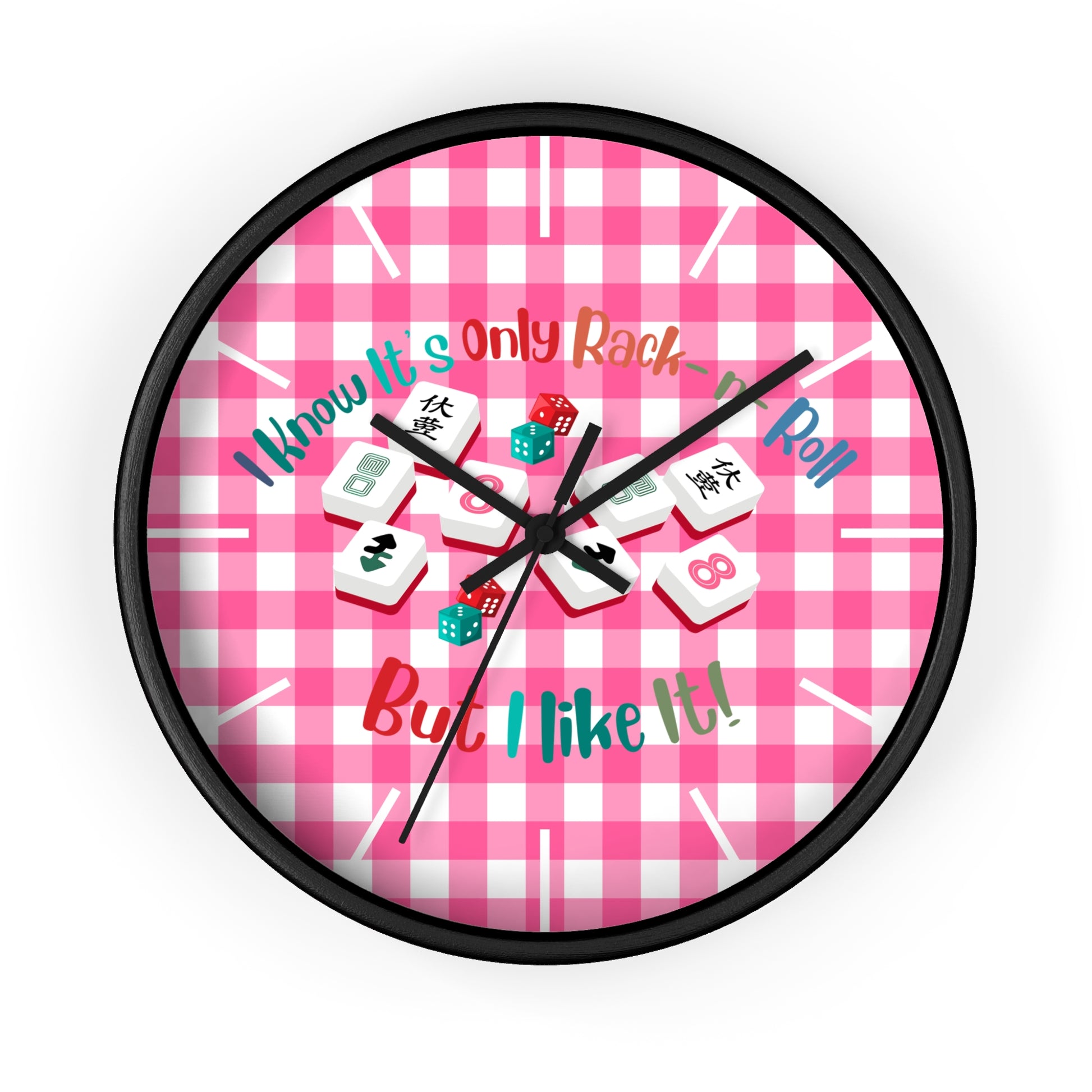 Mahjong Dice Wall Clock — "I Know It’s Only Rack ‘n’ Roll But I Like It" Pink Plaid - Splash of Color Co.