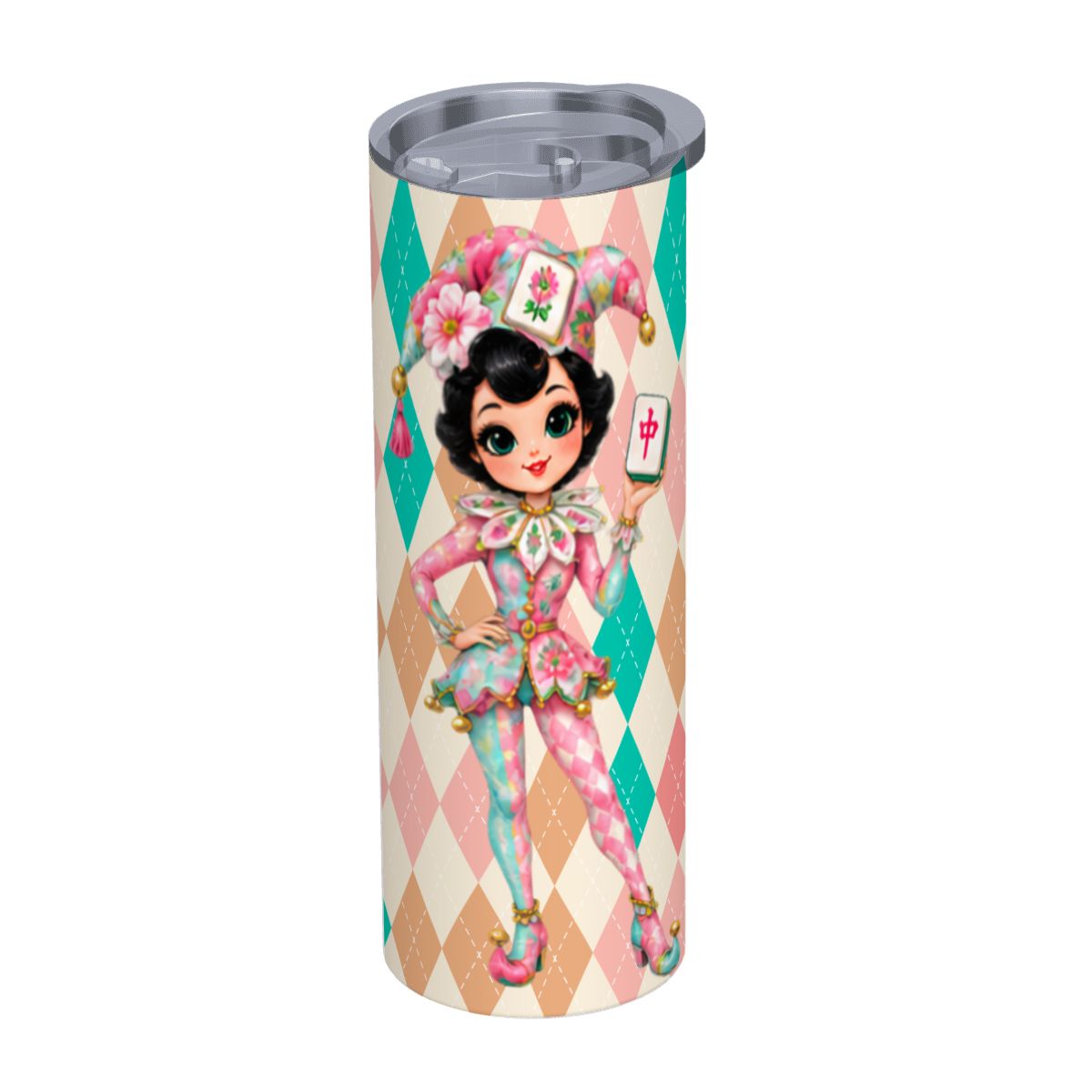 Mahjie The Mascot Whimsical Harlequin Mahjong Lover 20oz Straight Stainless Steel Tumbler with Straw - Splash Of Mahj And Color Co.