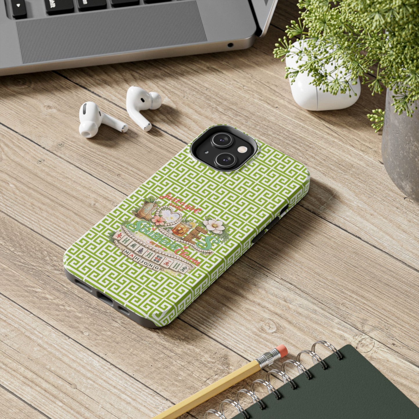 Mahjong Floral Pattern Just A Girl Who Loves Southern Charm and Mahjong Phone Case | Green Geometric Background - Splash of Color Co.