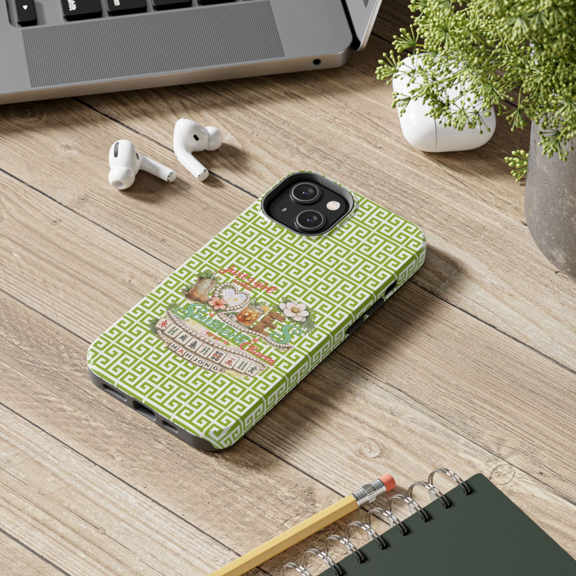 Mahjong Floral Pattern Just A Girl Who Loves Southern Charm and Mahjong Phone Case | Green Geometric Background - Splash of Color Co.