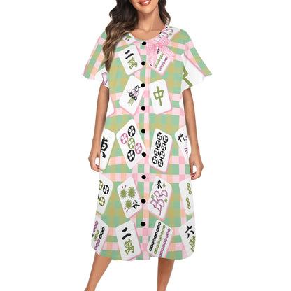 Preppy Mahjong Muumuu Dress Green Pink Whimsical Mahj Tile Designed - Splash of Color Co.