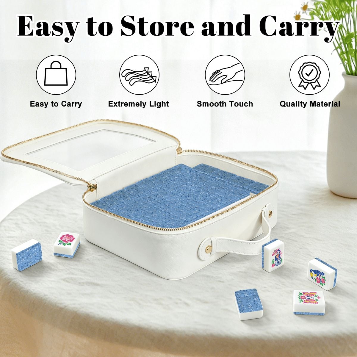 Baby Blue Floral Chinoiserie American Engraved Mahjong Tiles And Carry Case - Splash Of Mahj And Color Co.