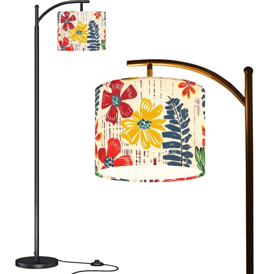 Heritage Floral Preppy Boho Modern Blue, Yellow, Red, Green Arc Floor Lamp