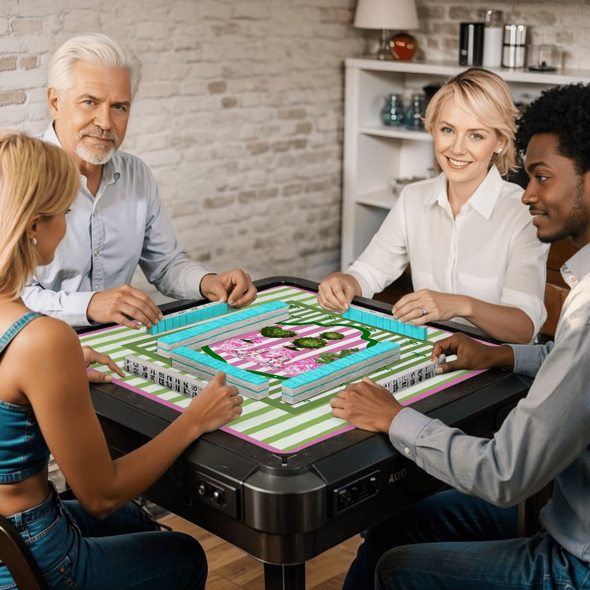 Preppy Staffordshire Chinoiserie Green And Pink Mahjong Mat - Splash of Color Co.