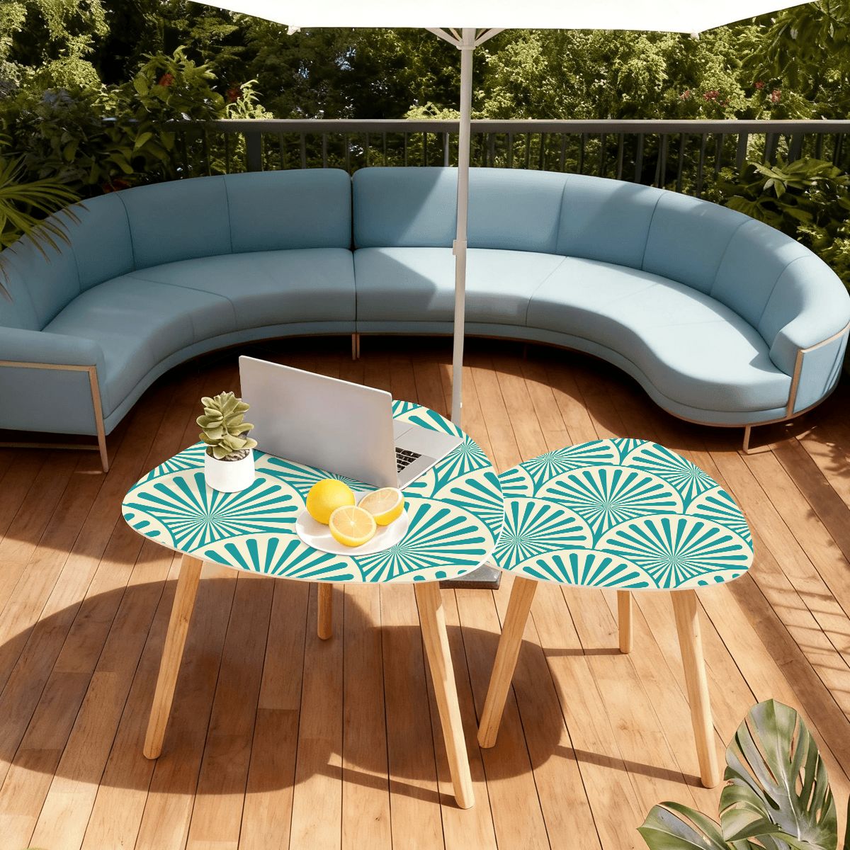 Art Deco Teal Blue Geometric Fan Designed Modern NestingTriangle Coffee Table Set of 2 - Splash of Color Co.