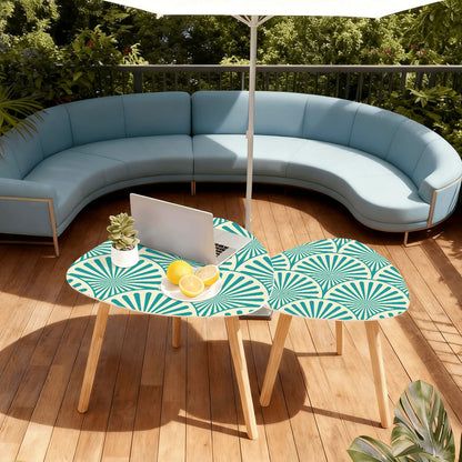 Art Deco Teal Blue Geometric Fan Designed Modern NestingTriangle Coffee Table Set of 2 - Splash of Color Co.