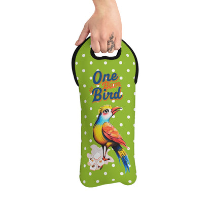 Mahjong Wine Tote, Green Citrus Polka Dot, One Bam Bird Mahj Gift Wine Tote Bag