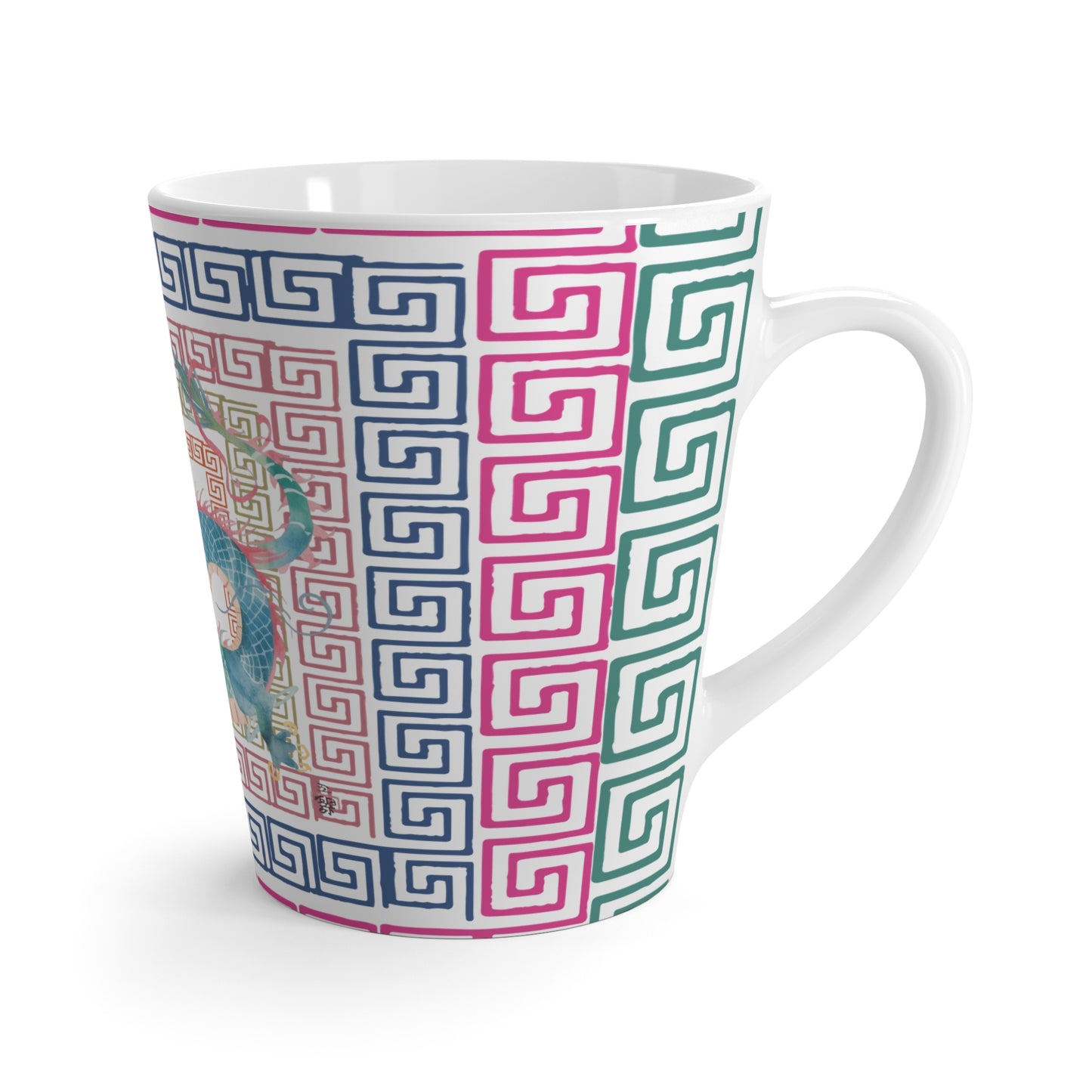 Dragon Latte Mug – Vintage Chinese Dragon Ceramic Coffee Cup with Geometric Border - Splash of Color Co.