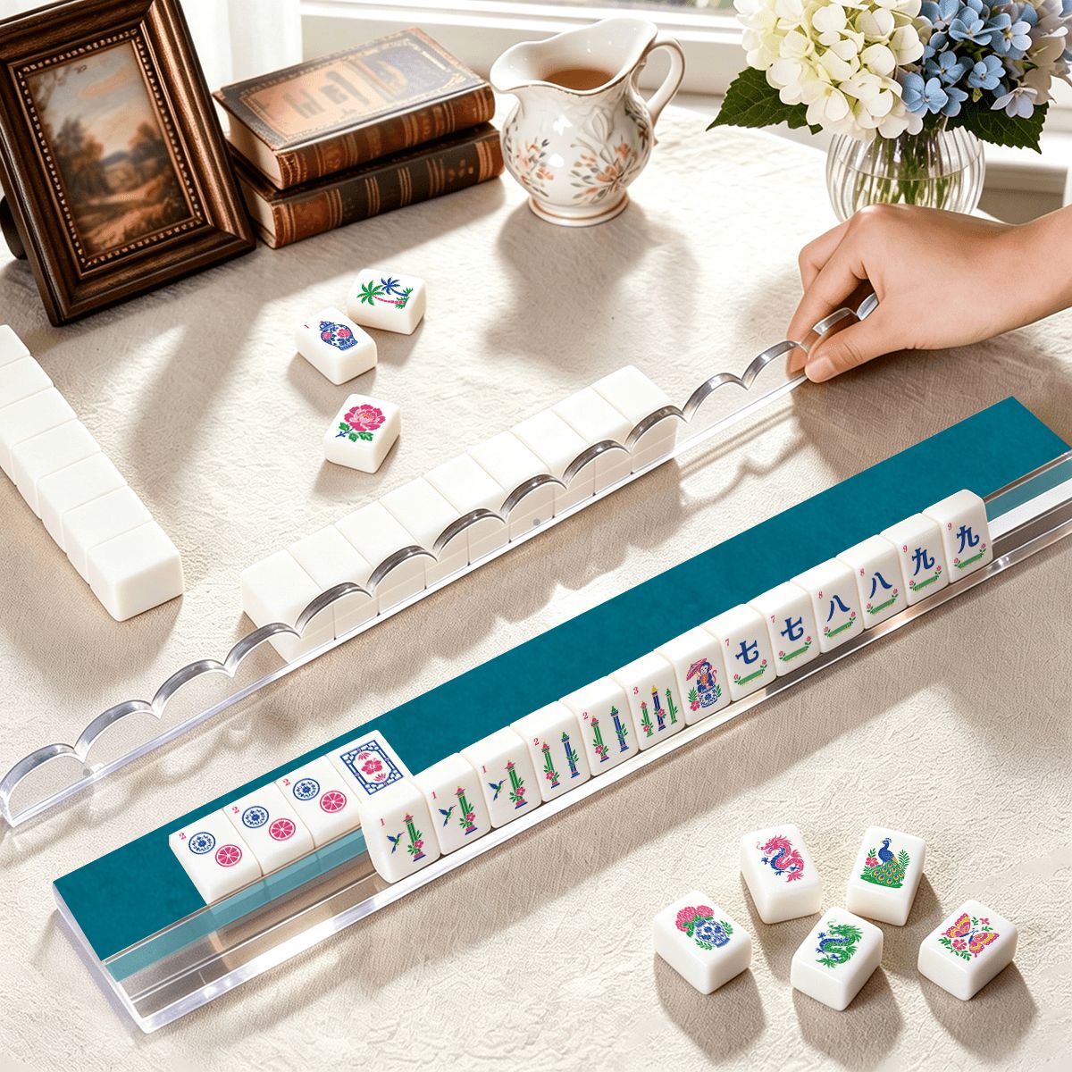 Teal Blue Extended Mahjong Rack Set of 4 Scalloped Magnetic Tile Pusher - Splash Of Mahj And Color Co.