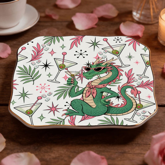 The Tipsy Dragon Scalloped Ceramic Mahjong Dice Tray - Splash Of Mahj And Color Co.