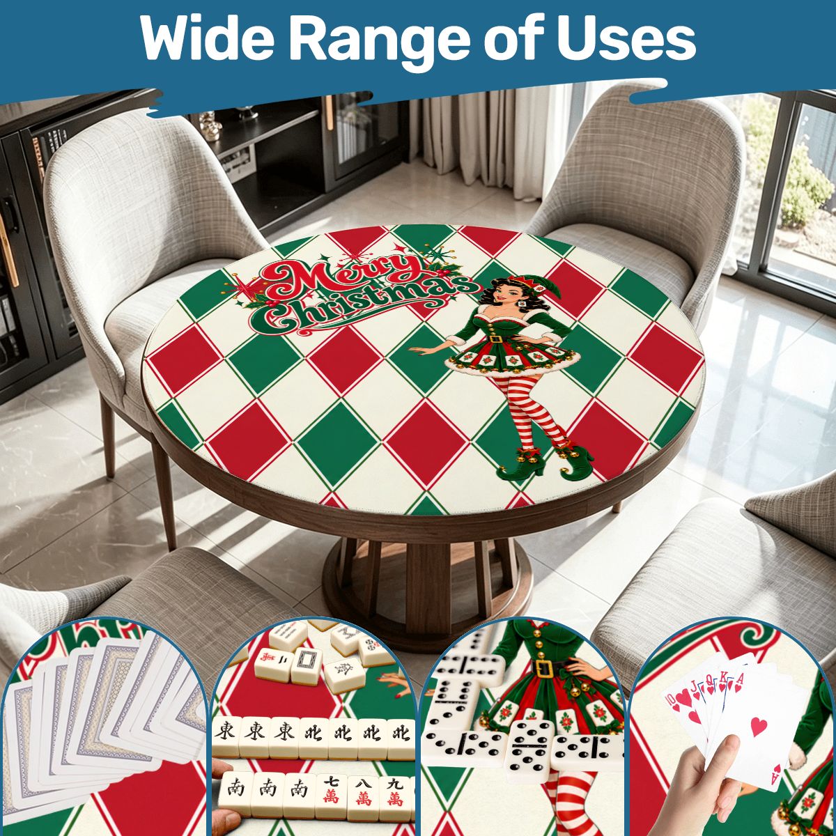Merry Madge Christmas Harlequin Designed Round Mahjong Mat - Splash Of Mahj And Color Co.