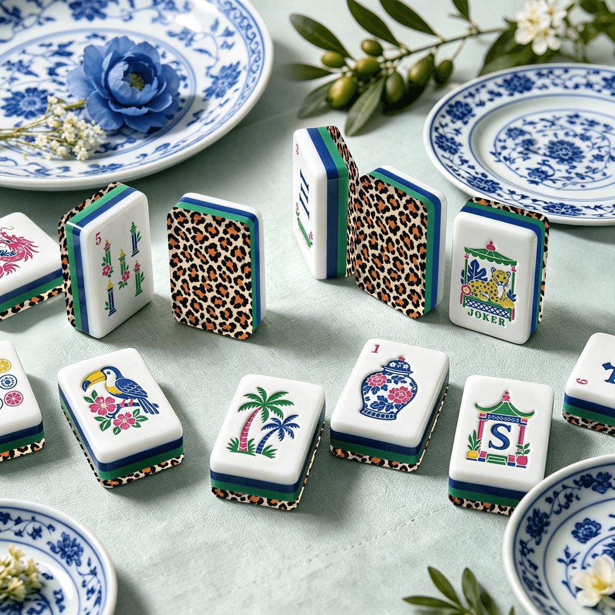 Wild Side Leopard Print Chinoiserie Chic American Mahjong Tiles And Carry Case - Splash Of Mahj And Color Co.