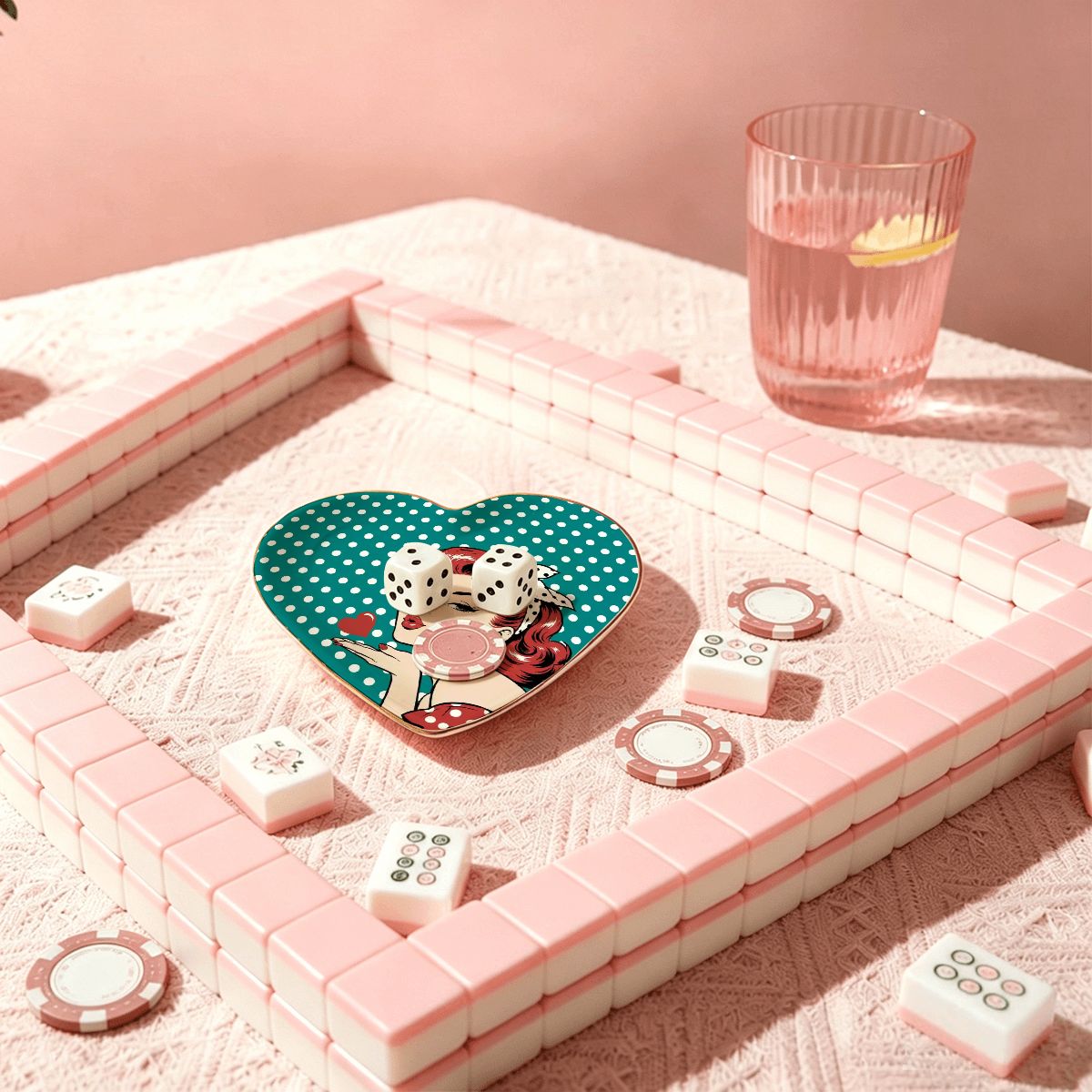 50s Modcentric Teal Polka Dot Heart Ceramic Mahjong Dice Tray