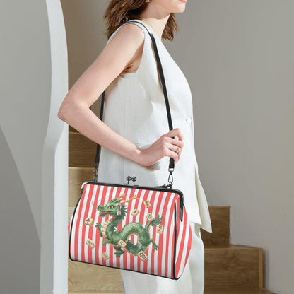 Preppy Coral Striped Green Dragon Kisslock Handbag, Shoulder Bag