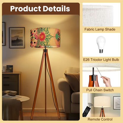 Bohemian Watercolor Pink Teal Floral Modern Tripod Floor Lamp