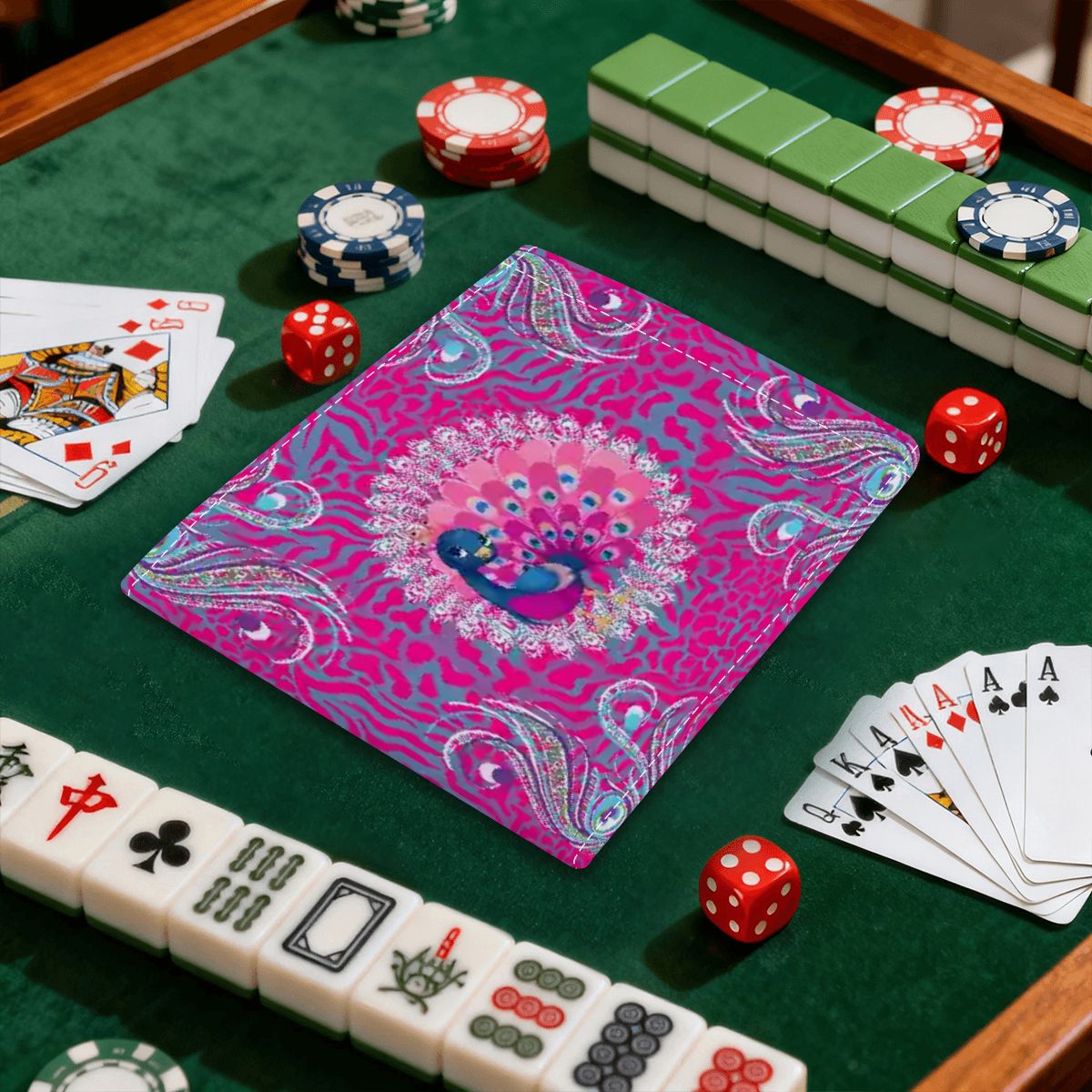 Playful Peacock Floral Hot Pink, 4 Mahjong Card Holder with Line Finder - Splash of Color Co.