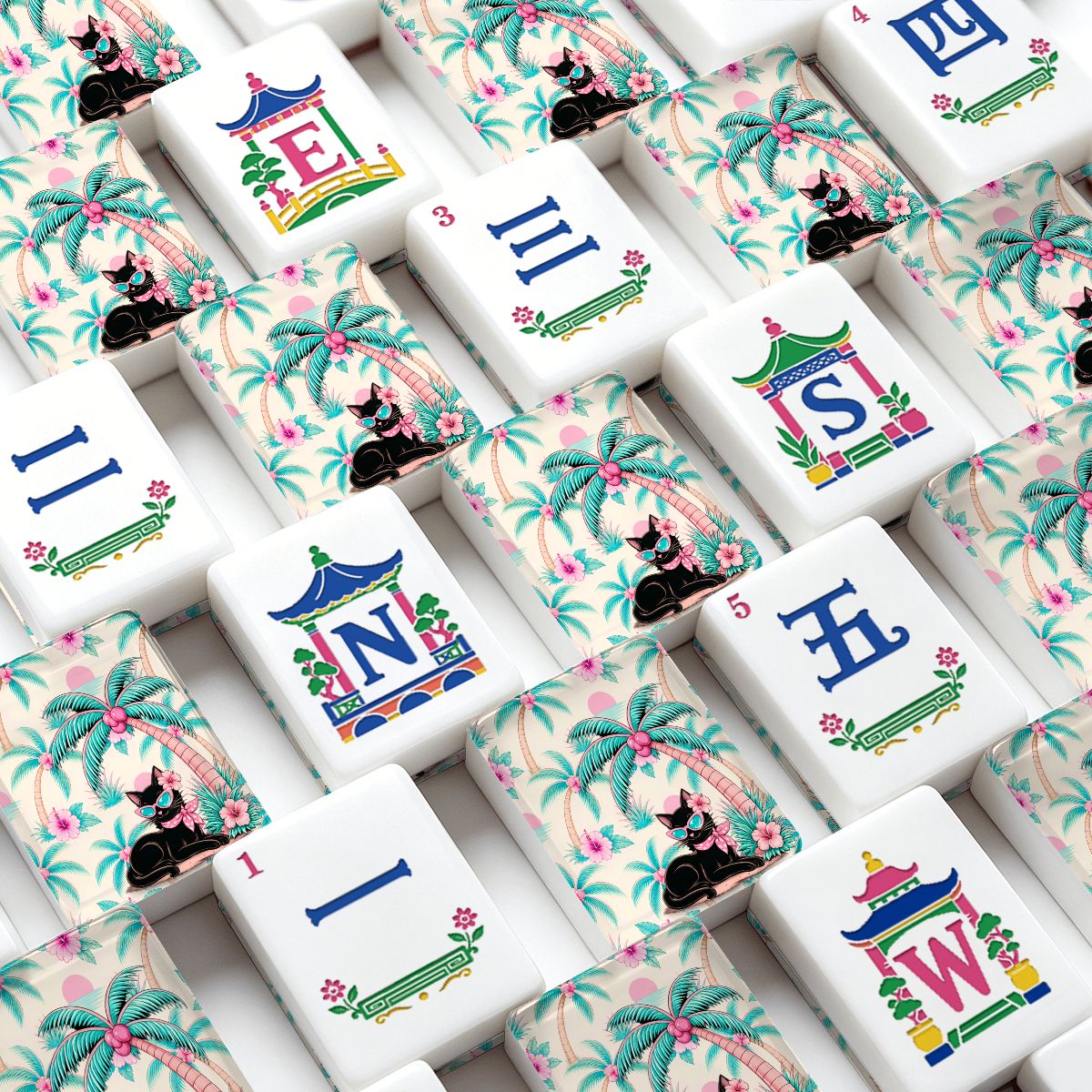 Mahj Meow Tropical Paradise Chinoiserie Mahjong Tiles With Carry Case - Splash Of Mahj And Color Co.