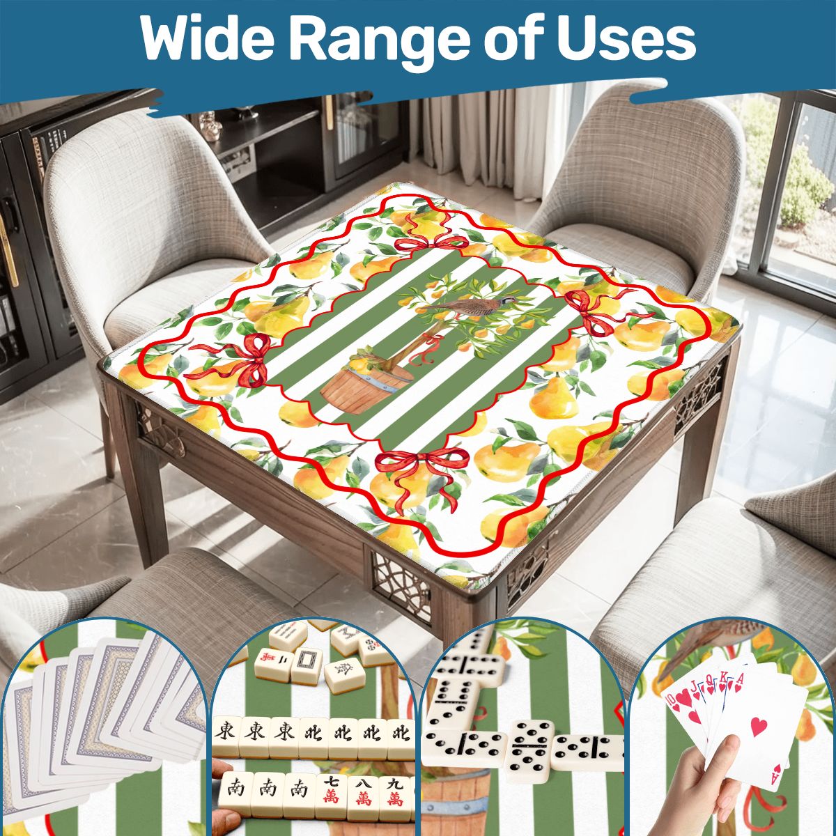 Mahjong Christmas Mat, Partridge In A Pear Tree, Watercolor Lemons, Green Preppy Striped - Splash of Color Co.
