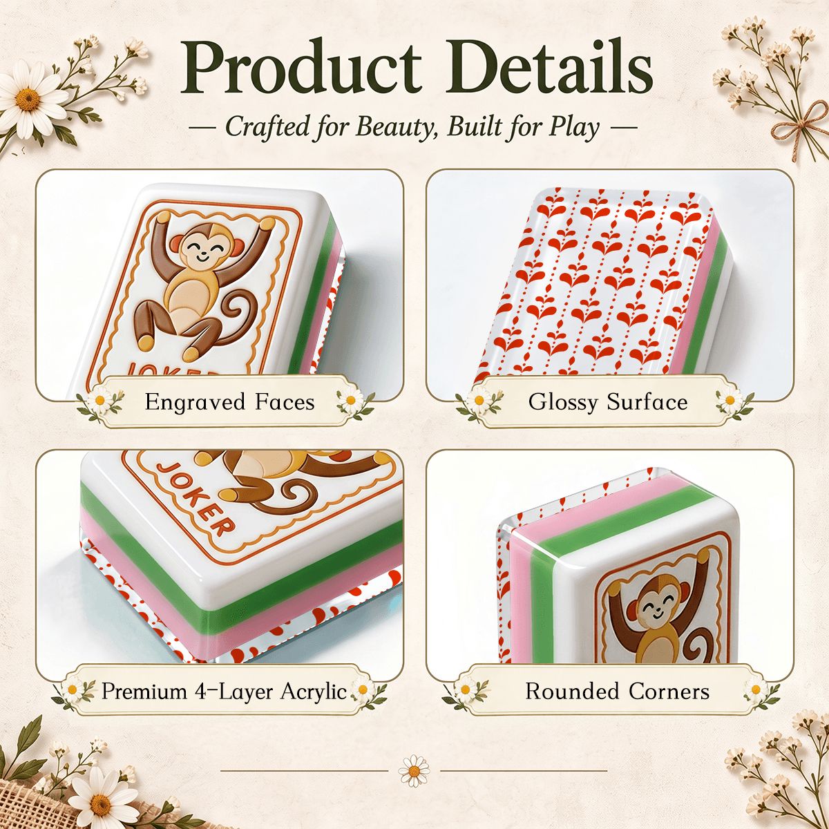 Scandinavian Red Flower Modern Folk American Mahjong Tiles 4 Layer Acrylic With Carry Case - Splash Of Mahj And Color Co.