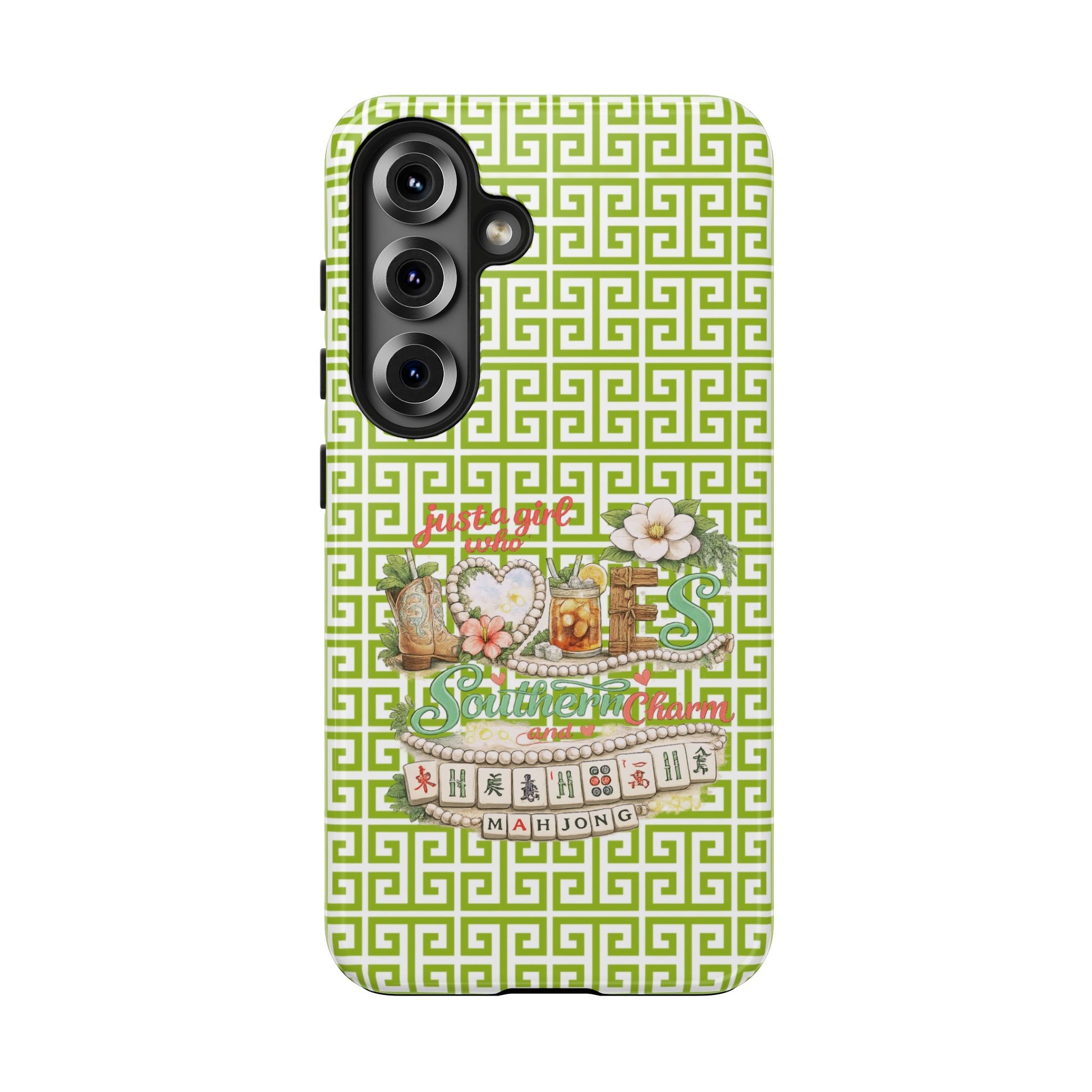 Mahjong Floral Pattern Just A Girl Who Loves Southern Charm and Mahjong Phone Case | Green Geometric Background - Splash of Color Co.