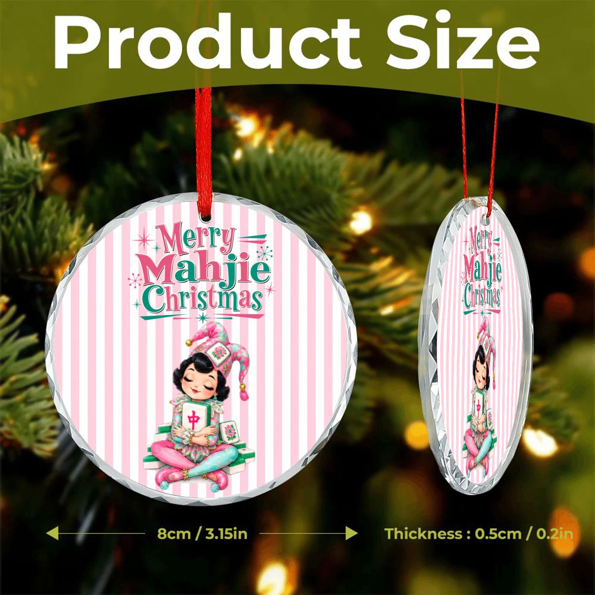 Merry Mahjie Mahjong Christmas Pink And White Striped Round Glass Christmas Ornament
