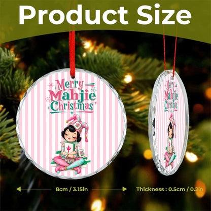 Merry Mahjie Mahjong Christmas Pink And White Striped Round Glass Christmas Ornament