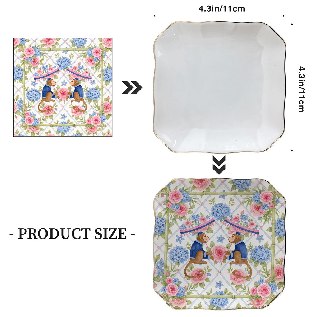 Asian Chinoiserie Floral Monkey Scalloped Ceramic Mahjong Dice Tray