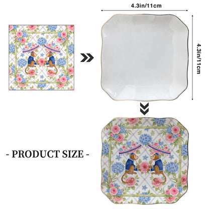 Asian Chinoiserie Floral Monkey Scalloped Ceramic Mahjong Dice Tray