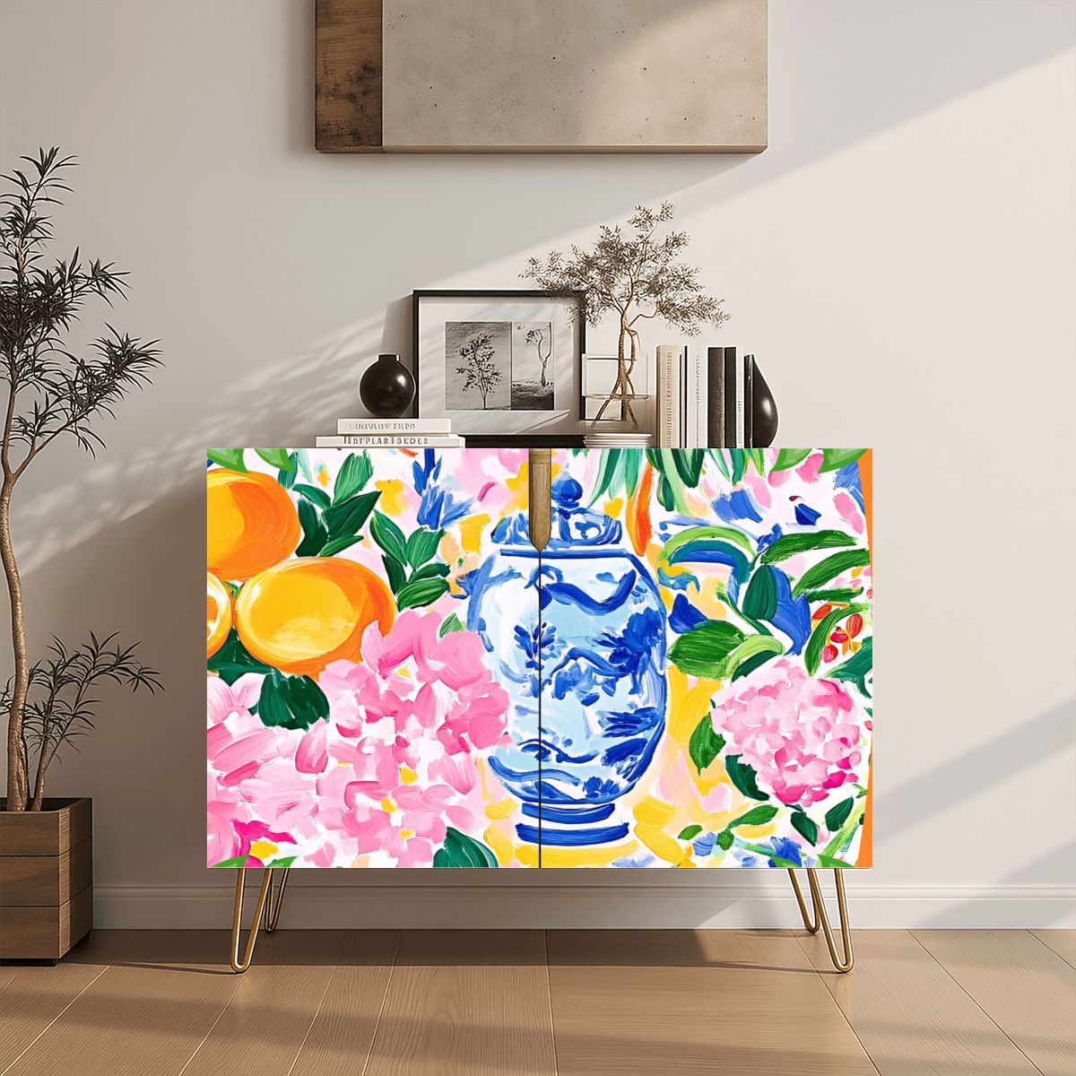 Chinoiserie Watercolor Citrus Mahjong Tiles And Accessories Sideboard Credenza - Splash Of Mahj And Color Co.