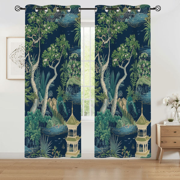 Asian Chinoiserie Royal Blue Zen Garden Pagoda Blackout Curtain Panels - Splash of Color Co.