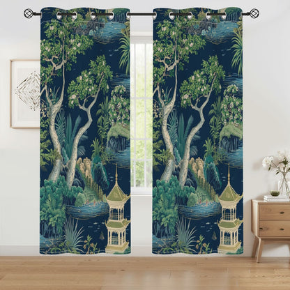Asian Chinoiserie Royal Blue Zen Garden Pagoda Blackout Curtain Panels - Splash of Color Co.