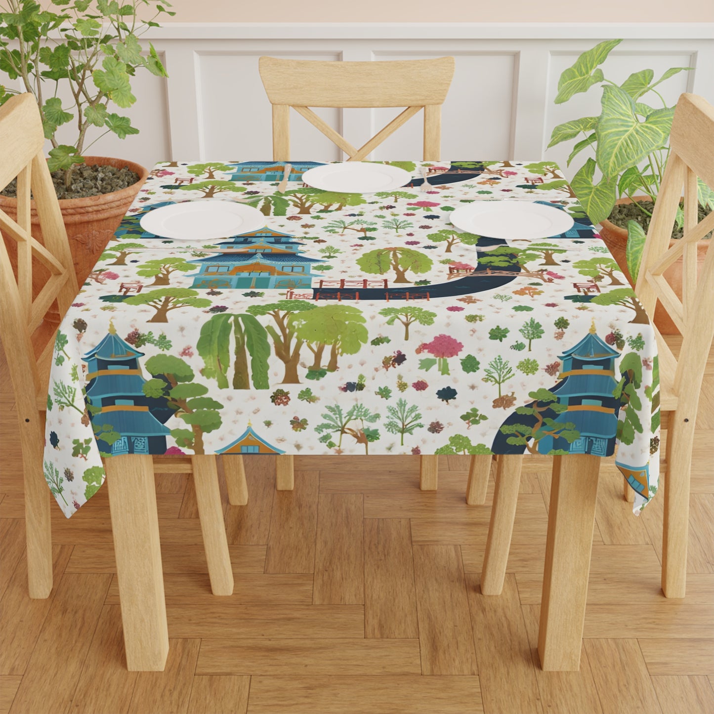 Chinoiserie Japanese Garden Mahjong Tablecloth — Pagoda & Cherry Blossom Scenic Print - Splash of Color Co.