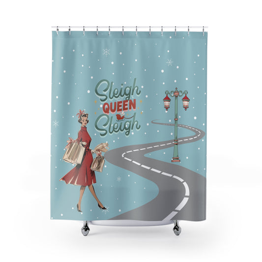 Festive Mahjong Christmas Shower Curtain with 'Sleigh Queen Sleigh' Design
