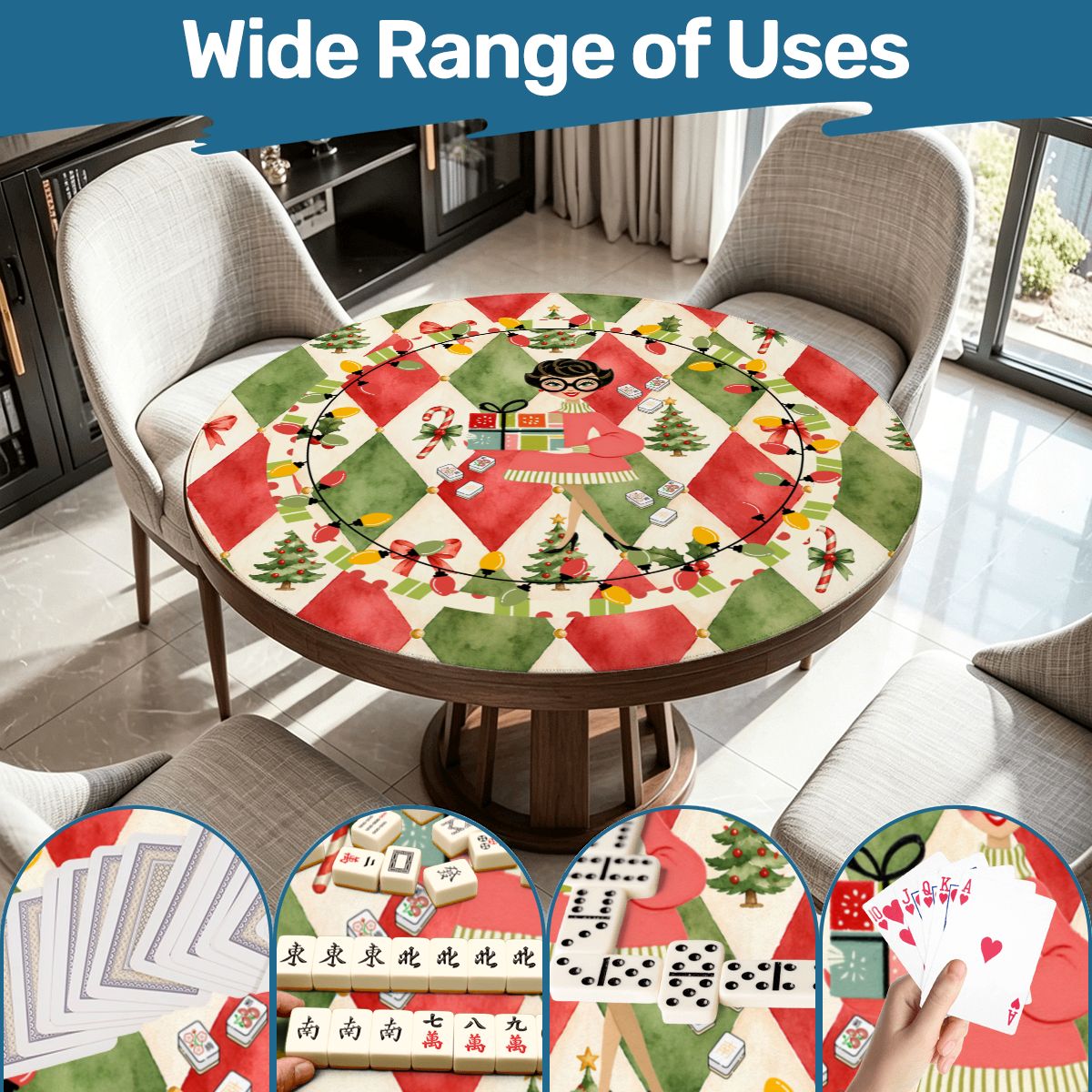 Harlequin Christmas Nostalgic Watercolor Green Burnish Red Round Mahjong Mat