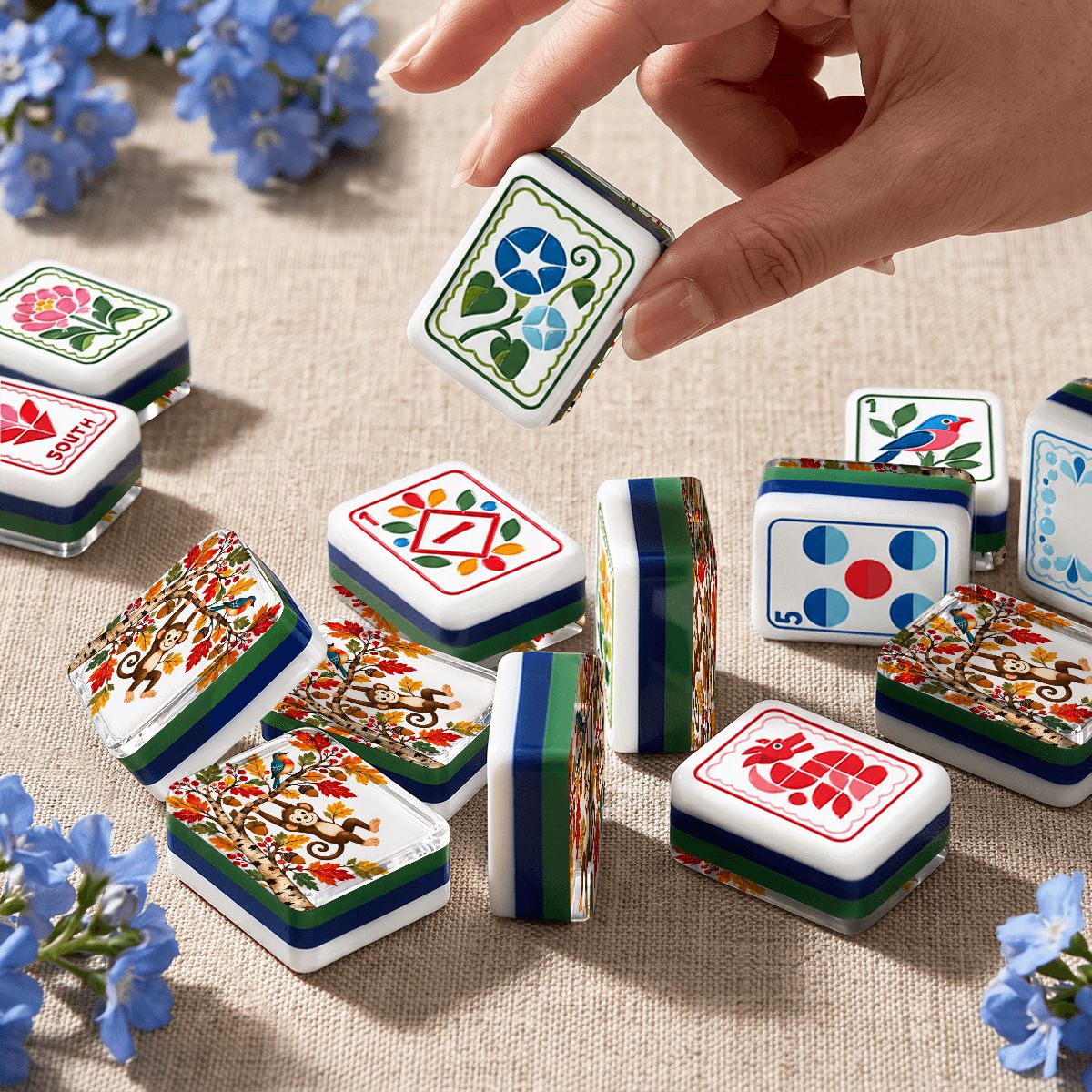 Monkey See Monkey Fall Modern Folk American Mahjong Tiles 4 Layer With Carry Case - Splash Of Mahj And Color Co.