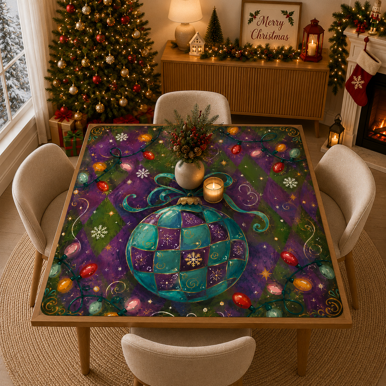 Merry Modernist Purple Green Whimsical Christmas Mahjong Mat