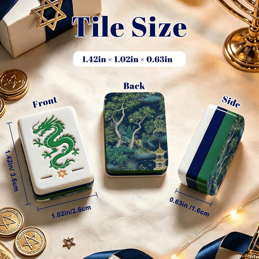 Chinoiserie Asian Pagoda Green And Blue Hanukkah Mahjong Tiles And Carry Case - Splash Of Mahj And Color Co.