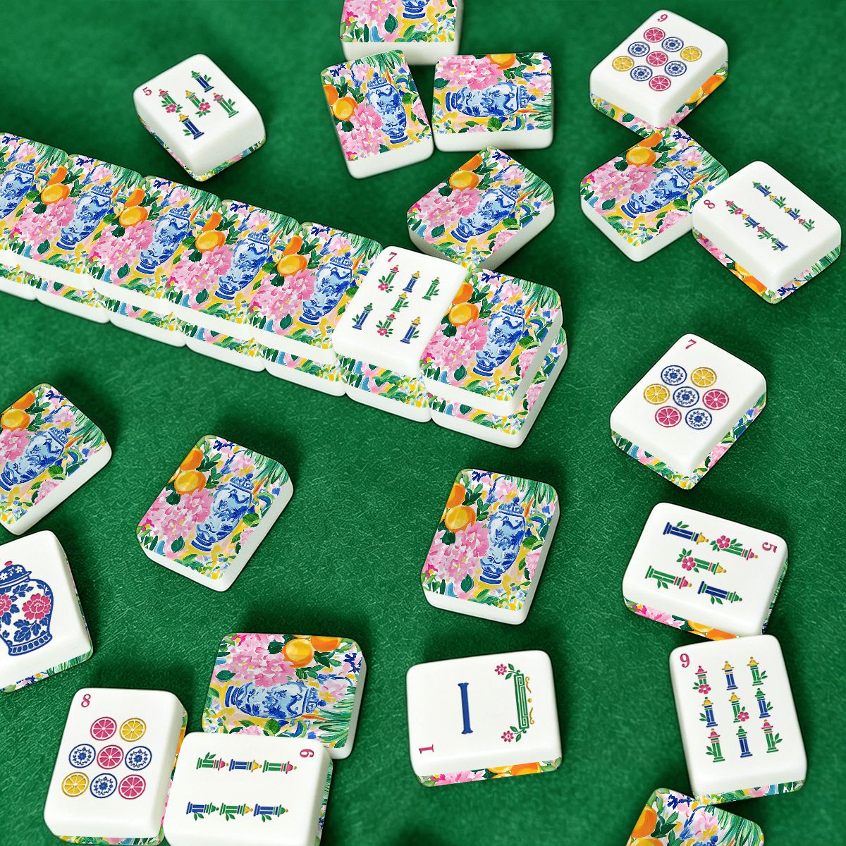 Sunny Citrus Pastel Asian Chinoiserie American Mahjong Tiles And Carry Case