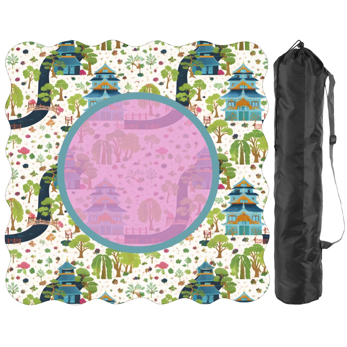 Mahjong Mat Chinoiserie Pagoda Asian Garden Scalloped - Splash of Color Co.