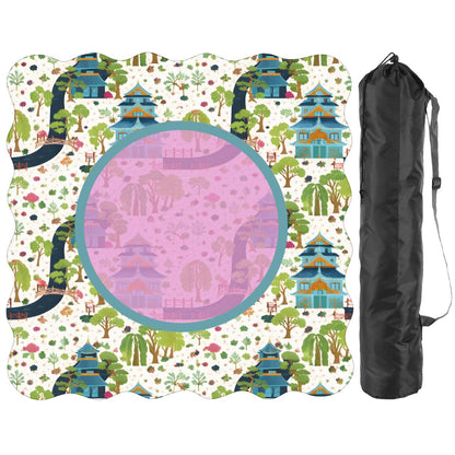 Mahjong Mat Chinoiserie Pagoda Asian Garden Scalloped - Splash of Color Co.